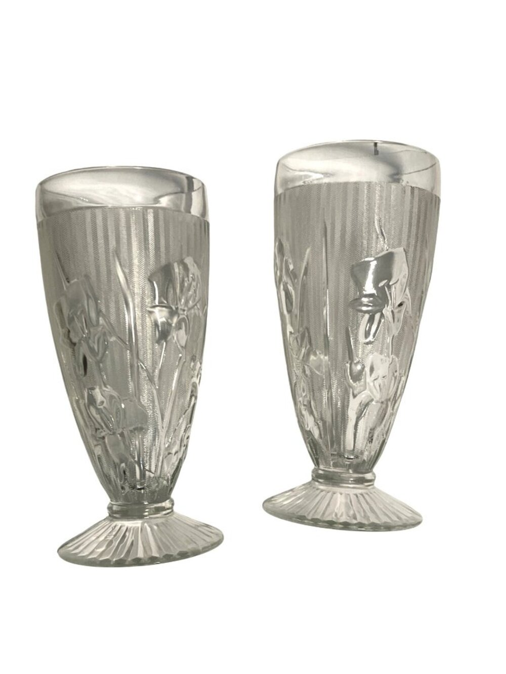 Jeannette Glass Iris and Herringbone Clear Footed Iced Tea Tumblers Set of 2
